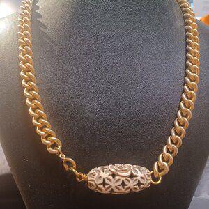 Heavy Textured Curb Link Necklace with Large Carved Focal Bead